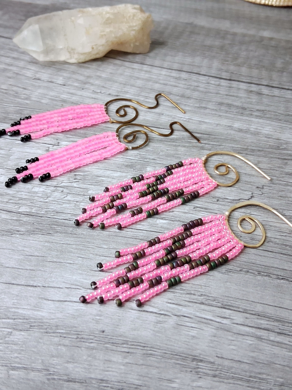 Pink Beaded Fringe Stud Earrings with Brass Swirl Hooks